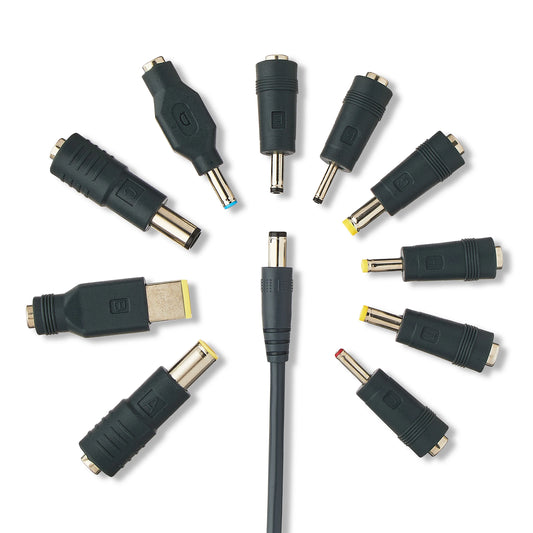 Set of various electronic connectors arranged around a central cable on a white background