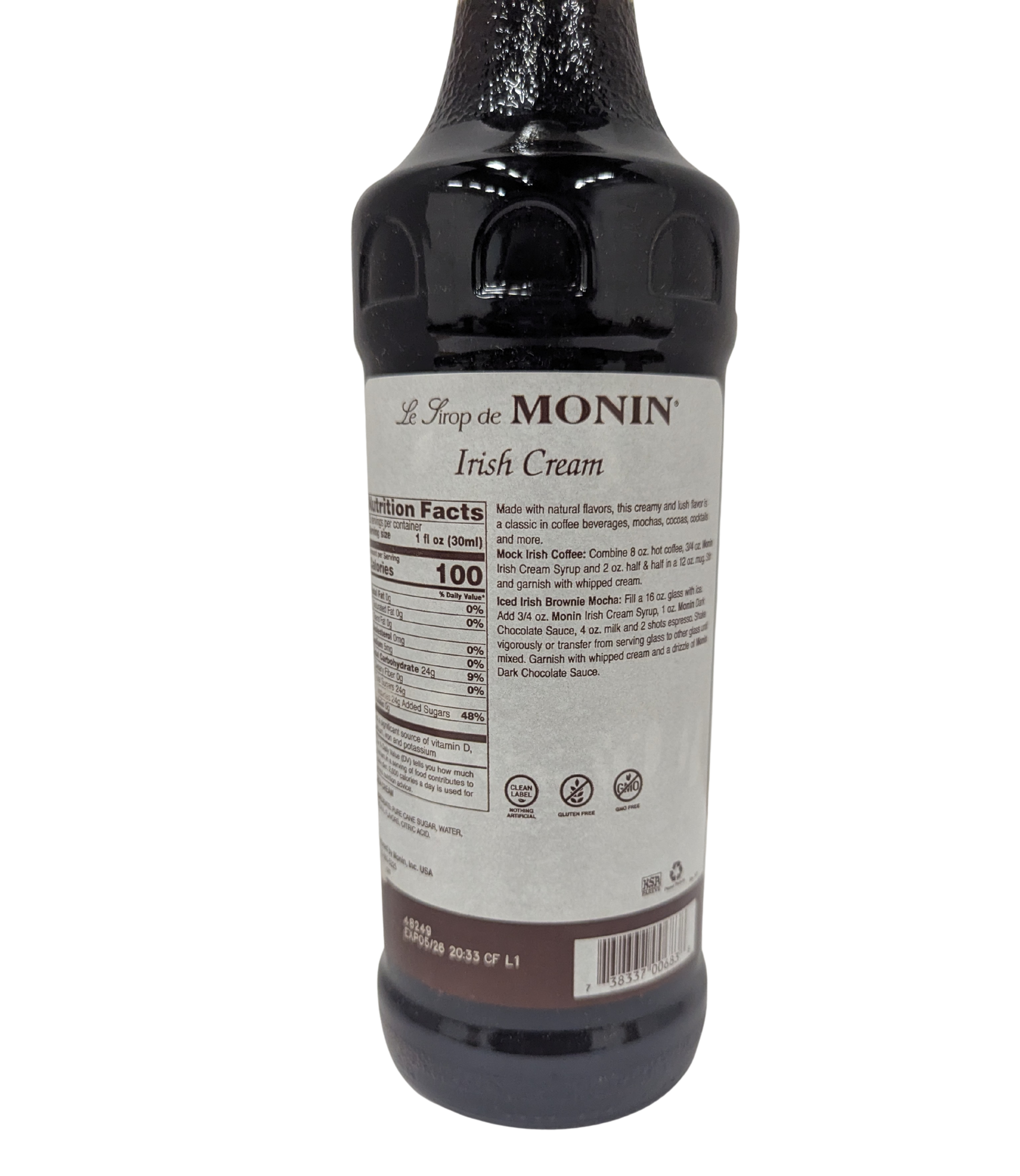Monin Irish Cream syrup bottle on a white background
