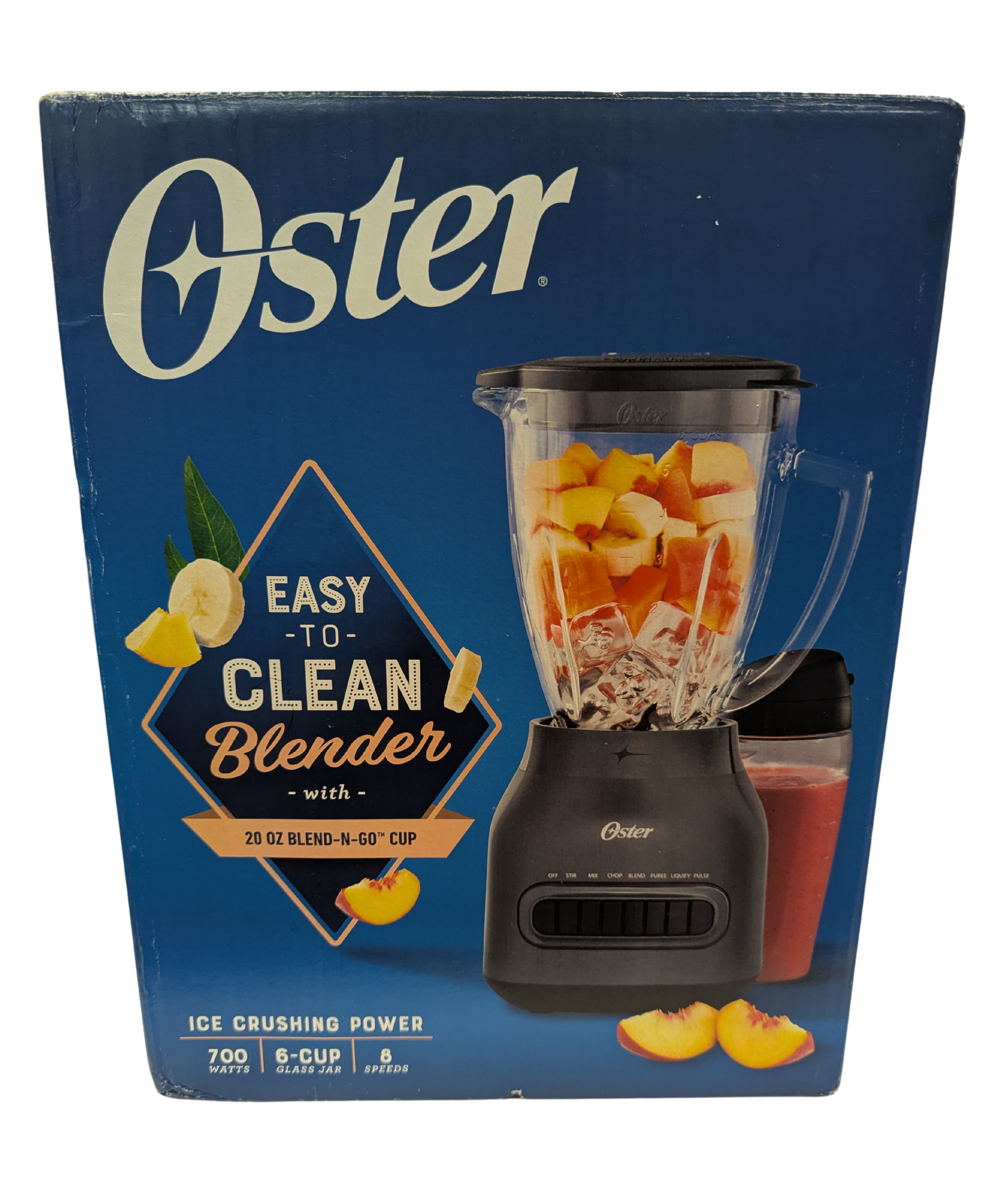Oster blender packaging with a blue background and product image.