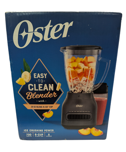 Oster blender packaging with a blue background and product image.