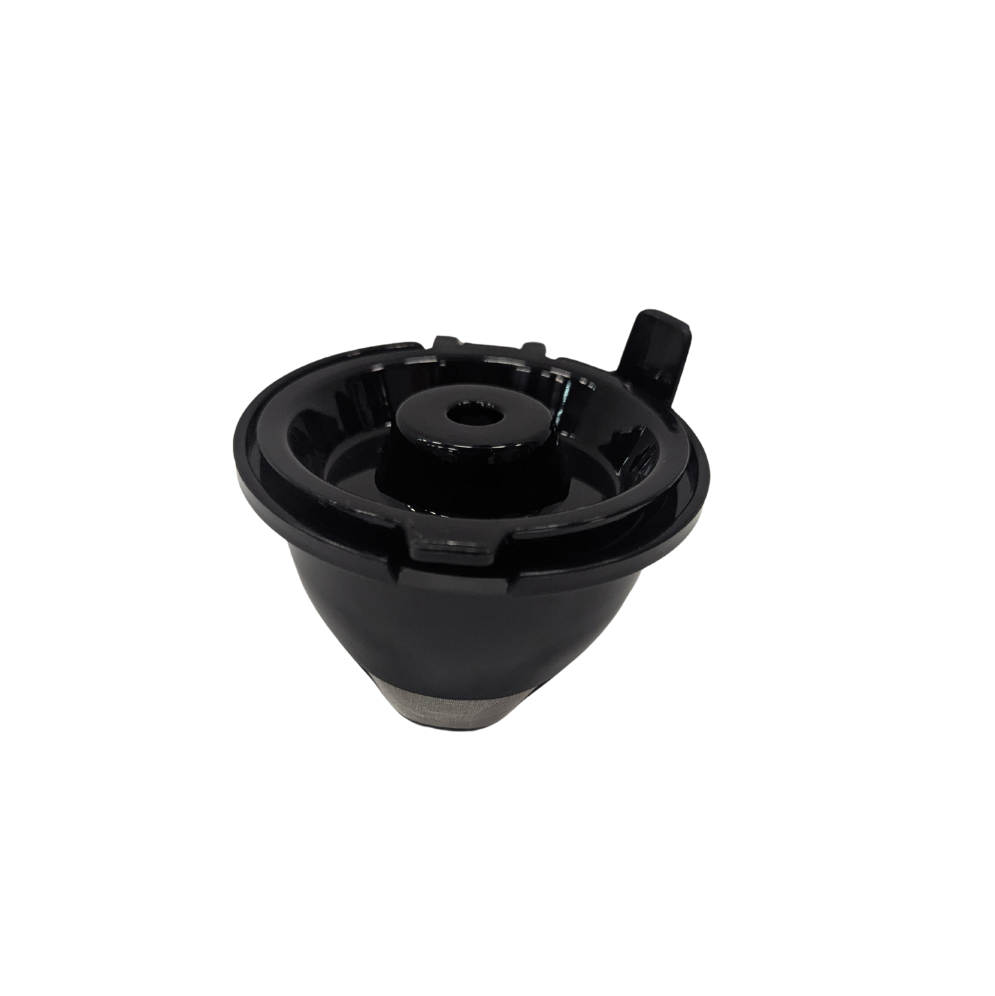 Black plastic component on a white background