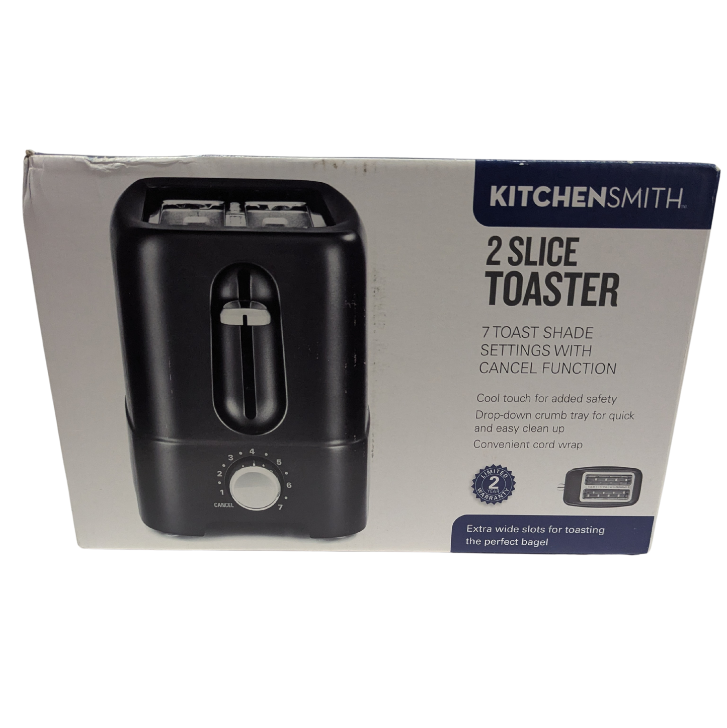 Kitchensmith 2 slice toaster packaging on a white background