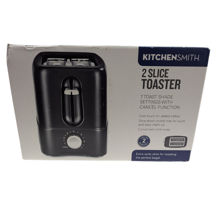 Kitchensmith 2 slice toaster packaging on a white background
