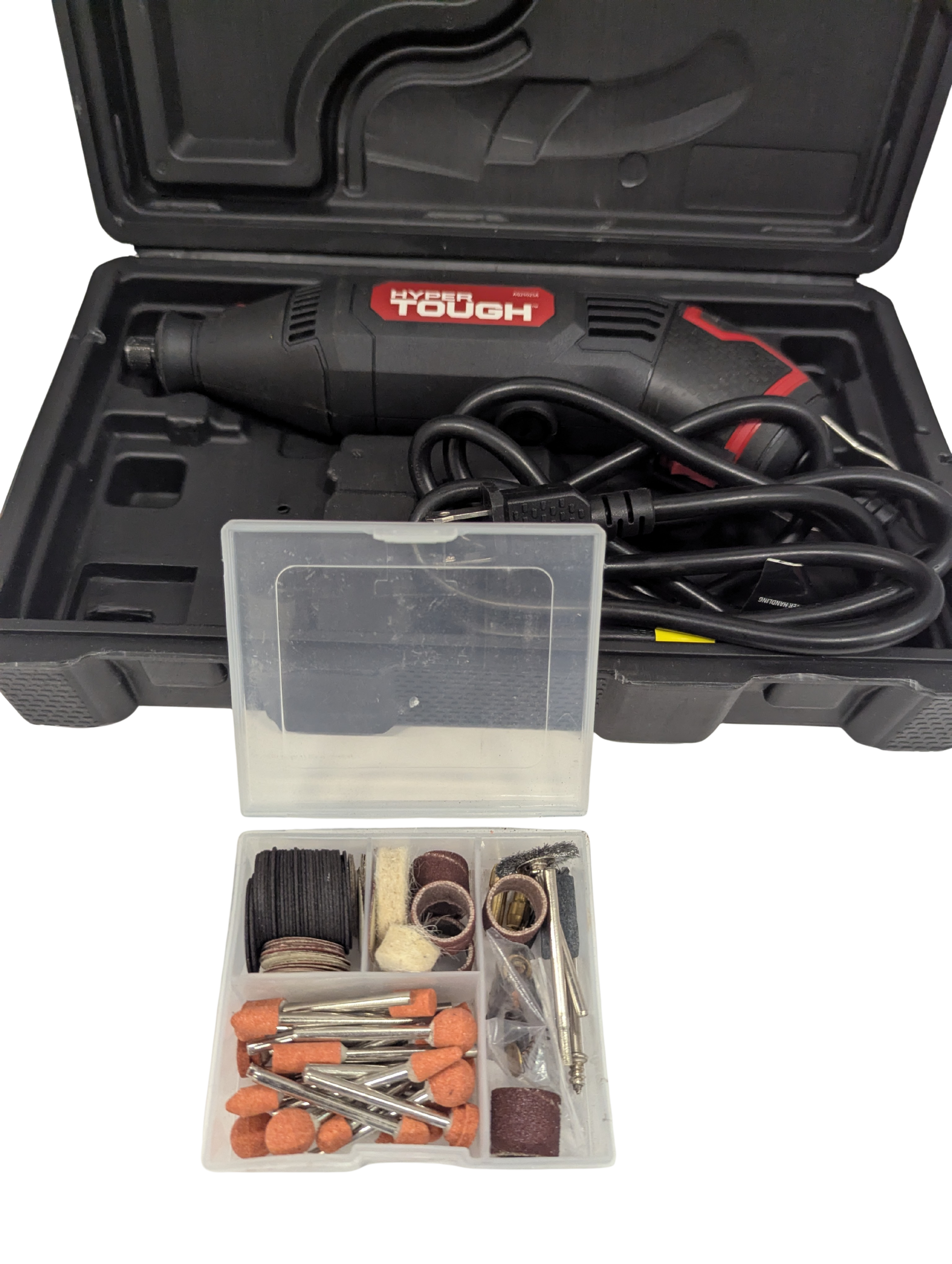 Dremel-style rotary tool with accessories in a carrying case on a white background
