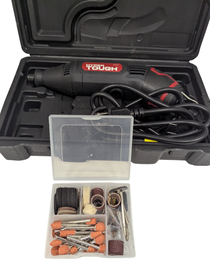 Dremel-style rotary tool with accessories in a carrying case on a white background