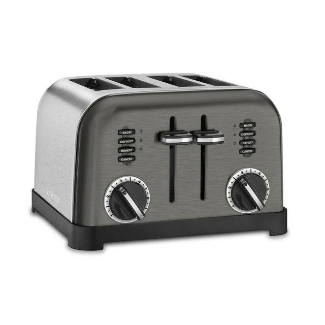 Gray toaster with control knobs on a white background