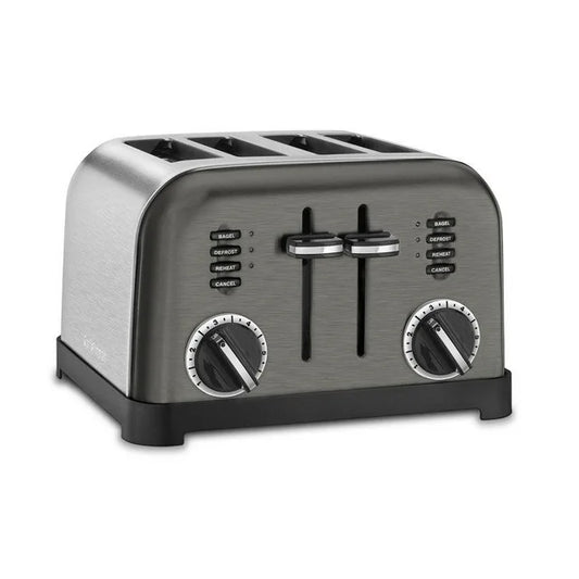 Gray toaster with control knobs on a white background