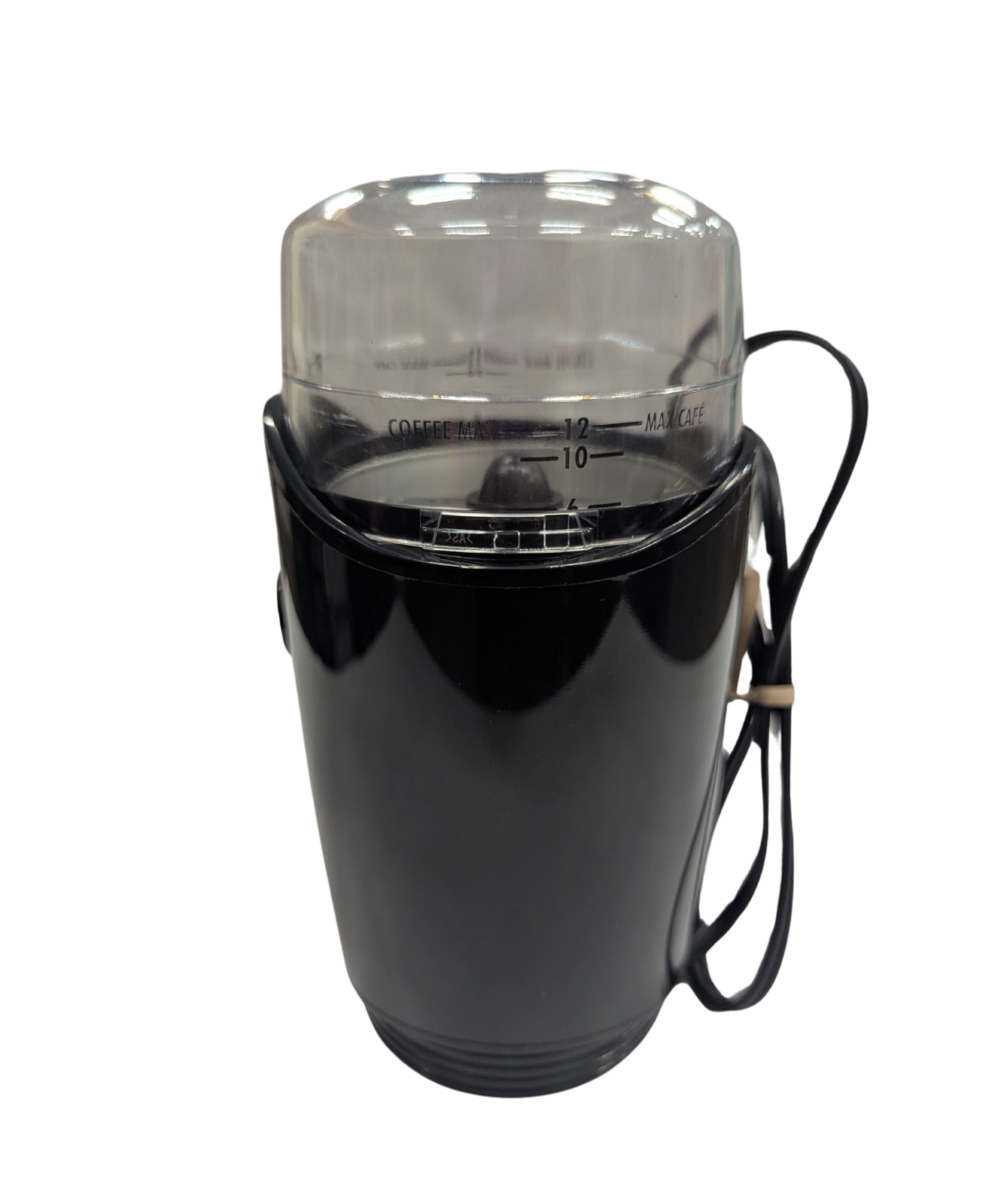 Black coffee grinder with clear top on a white background