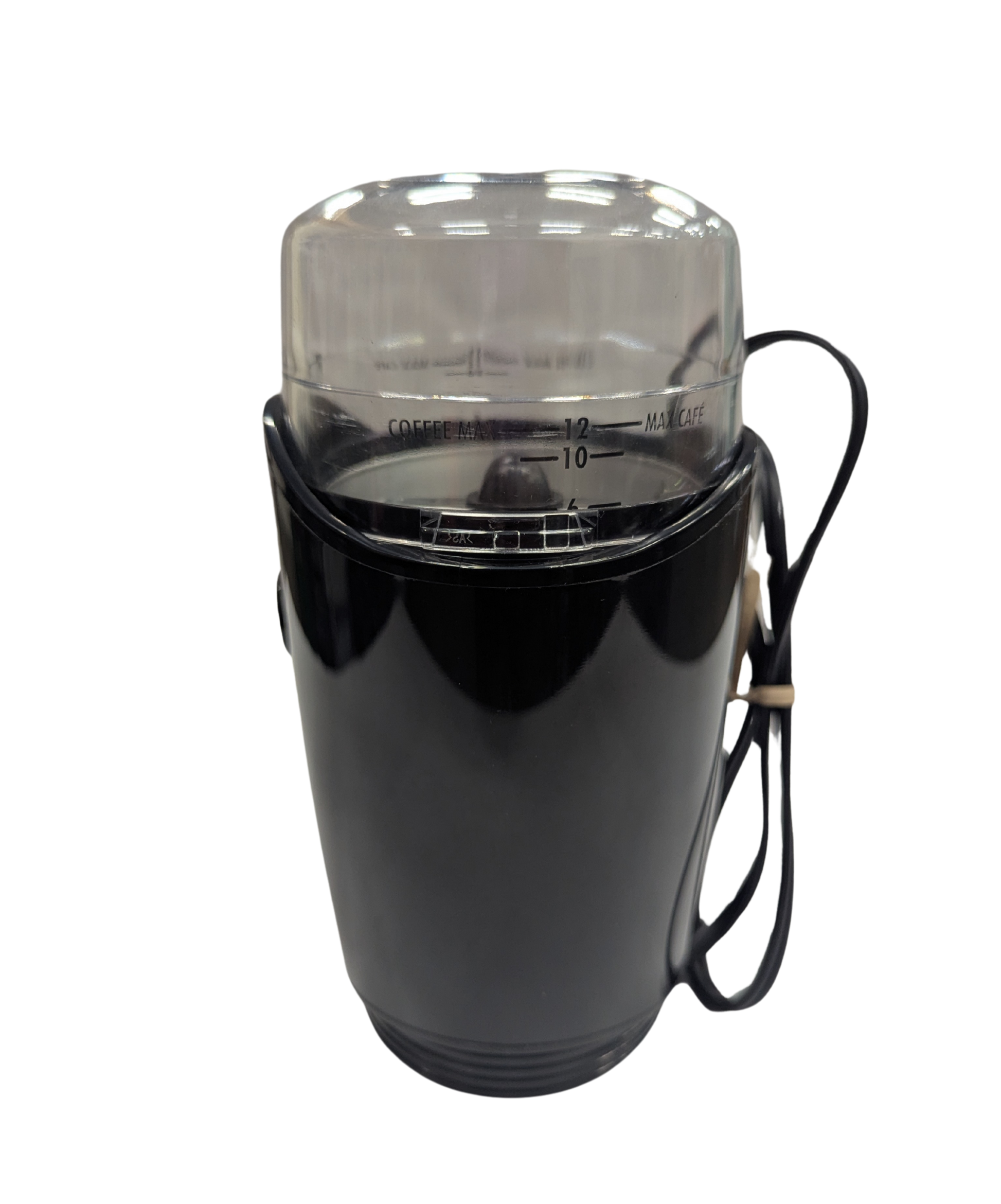 Black coffee grinder with clear top on a white background