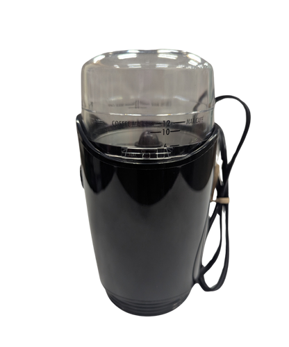 Black coffee grinder with clear top on a white background