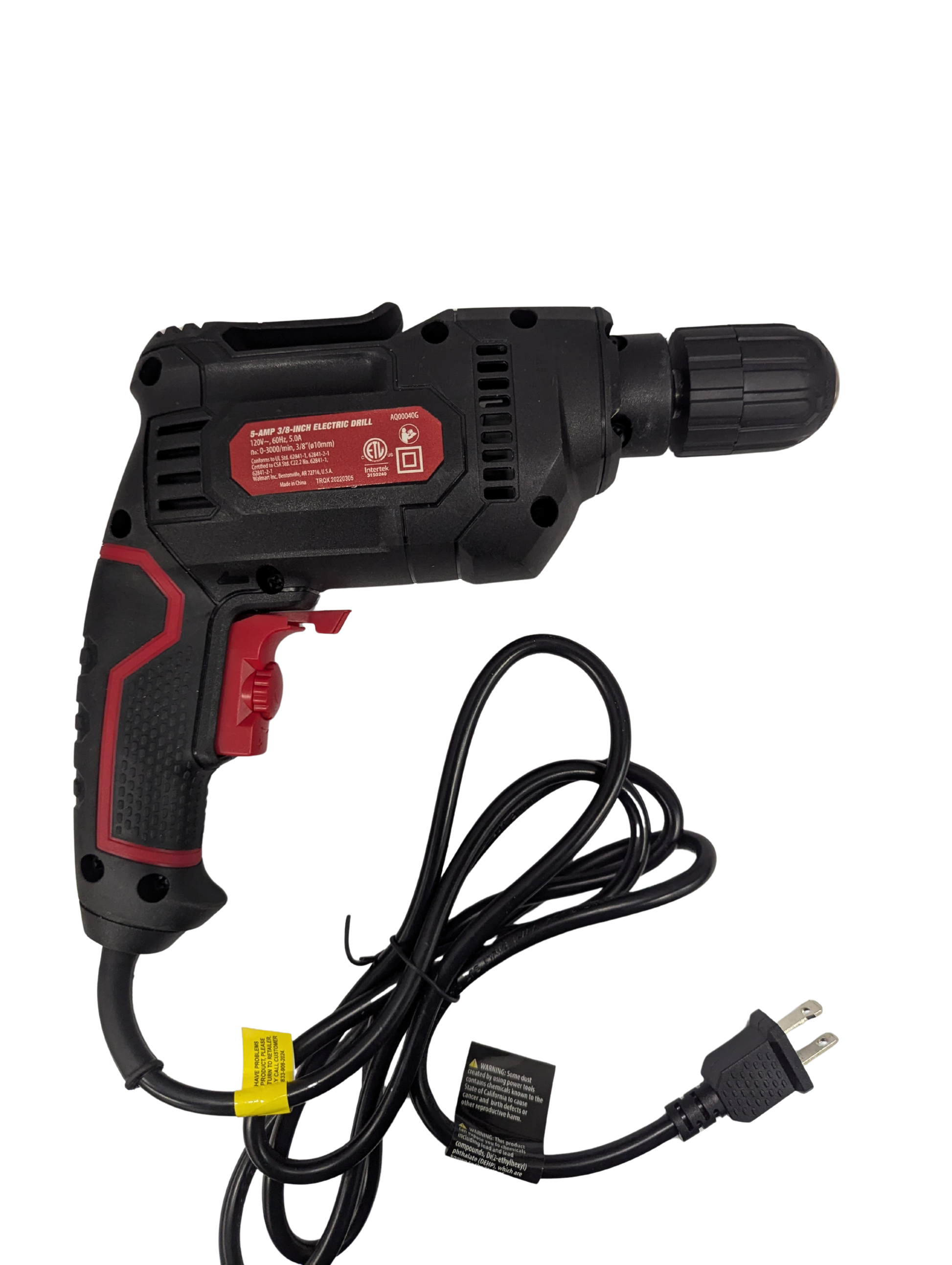 Black and red electric drill with power cord on a white background