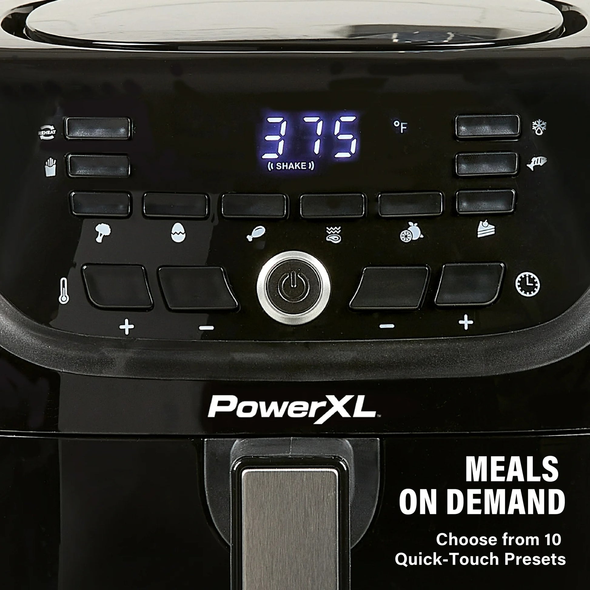 Control panel of a PowerXL air fryer with digital display and branding text.