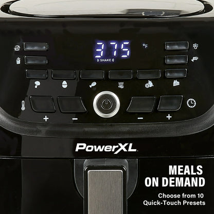 Control panel of a PowerXL air fryer with digital display and branding text.