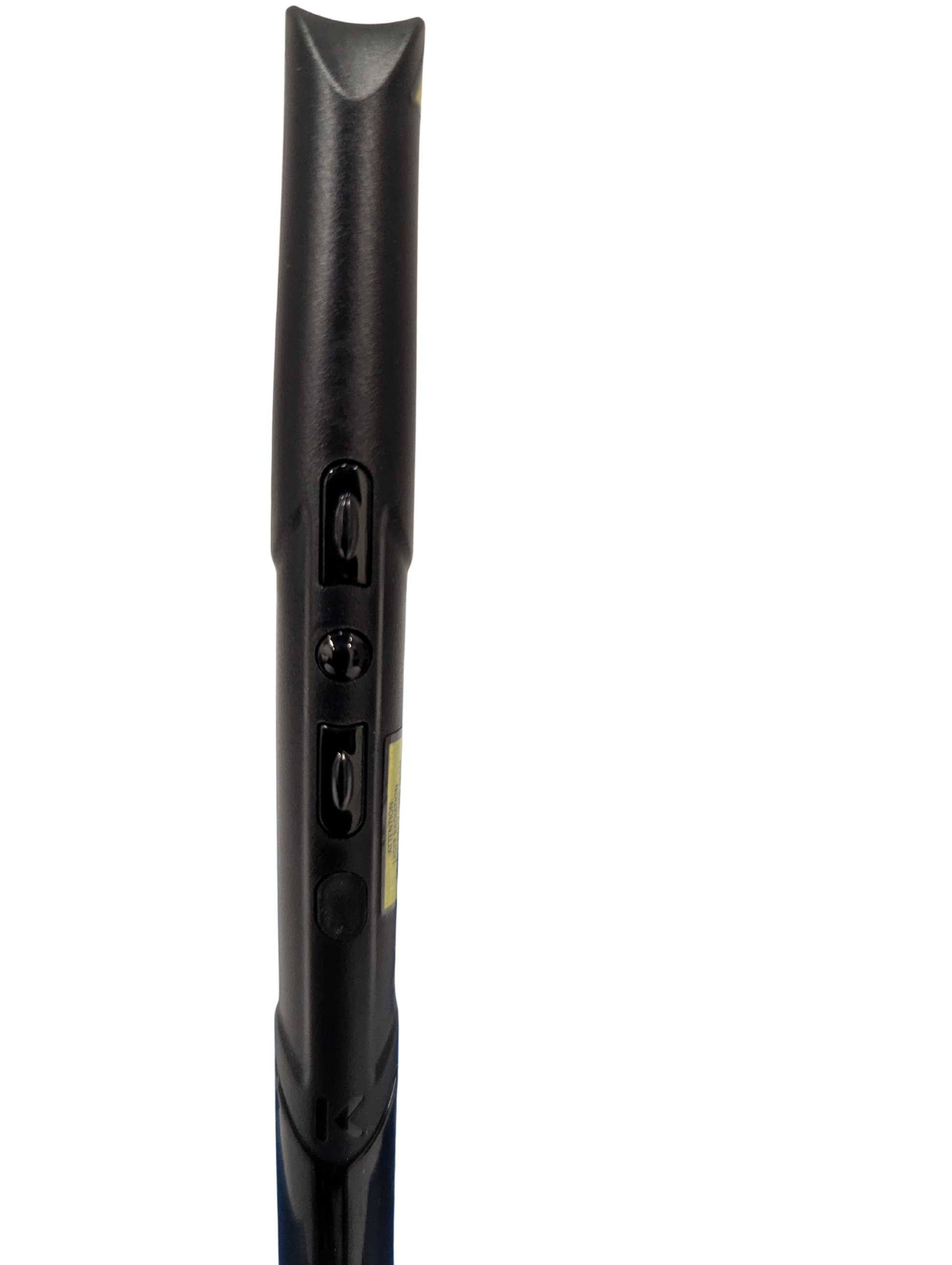 Close-up of a black electronic device with buttons on a white background