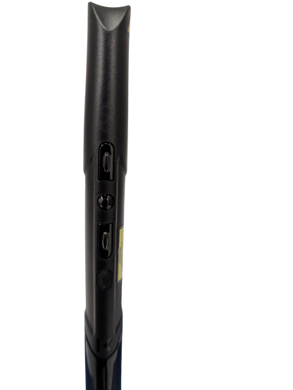 Close-up of a black electronic device with buttons on a white background