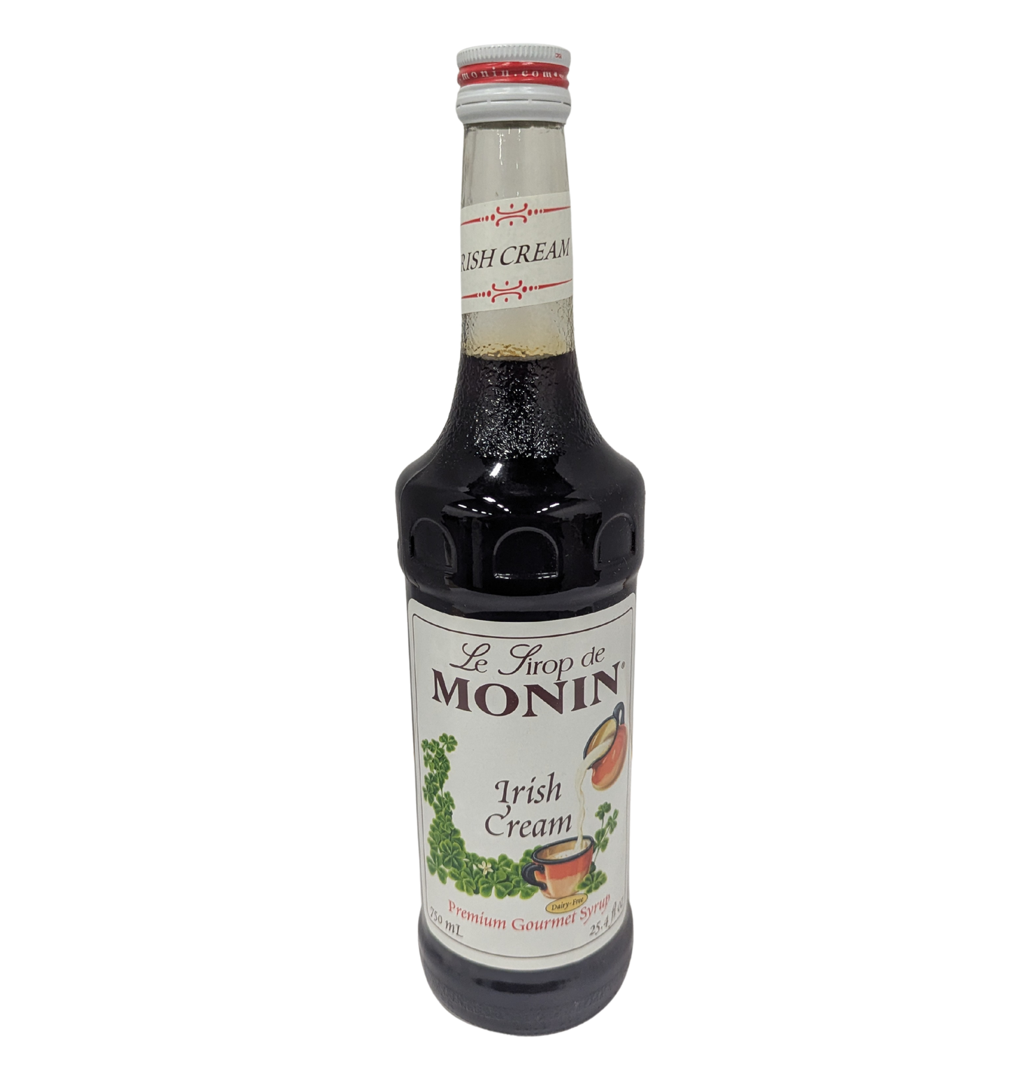 Bottle of Monin Irish Cream syrup on a white background