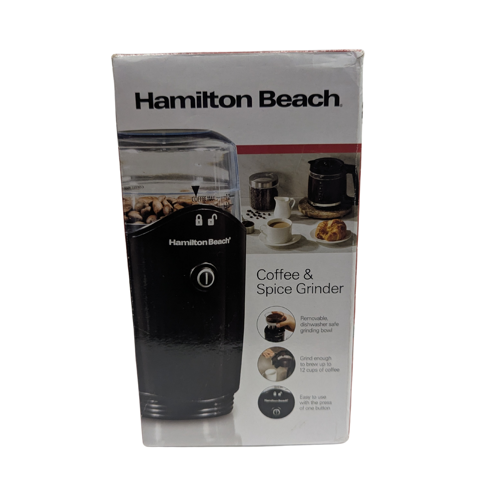 Hamilton Beach coffee and spice grinder packaging on a white background