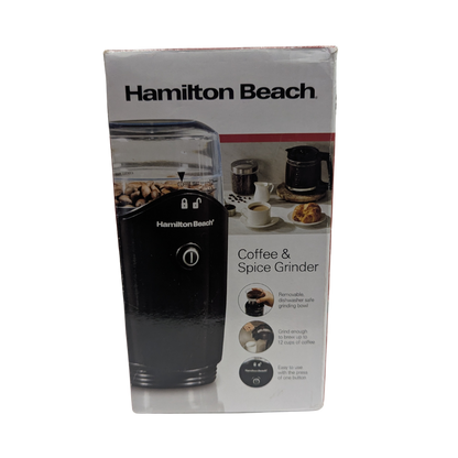 Hamilton Beach coffee and spice grinder packaging on a white background