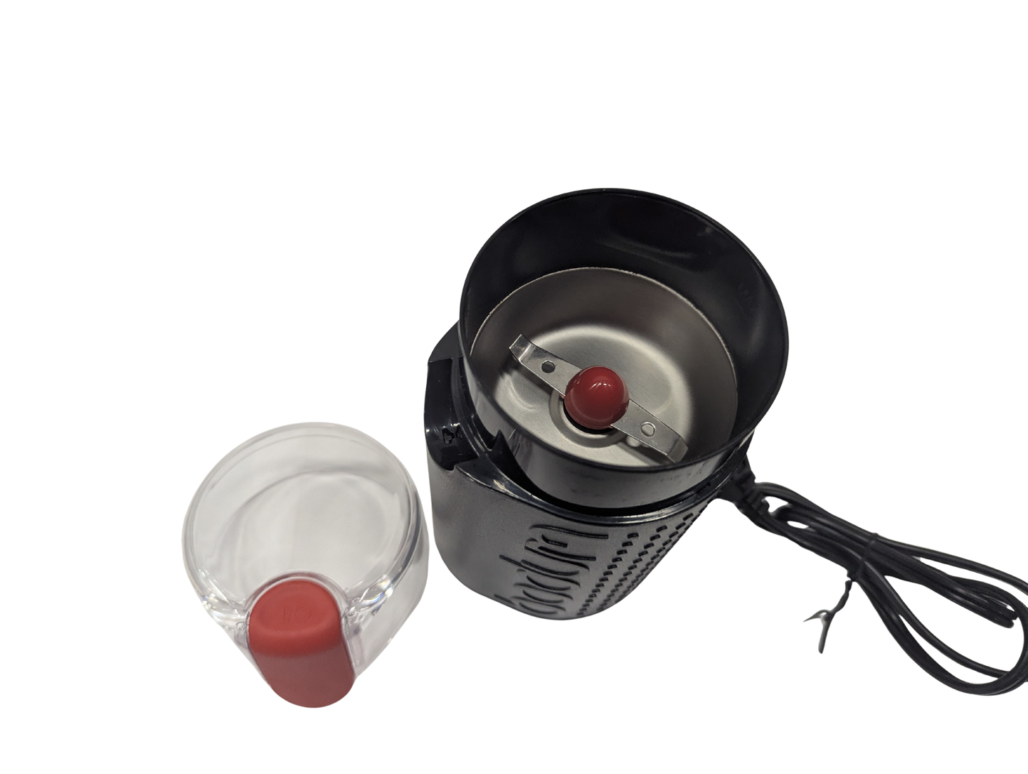 Black electric coffee grinder with clear container on a white background