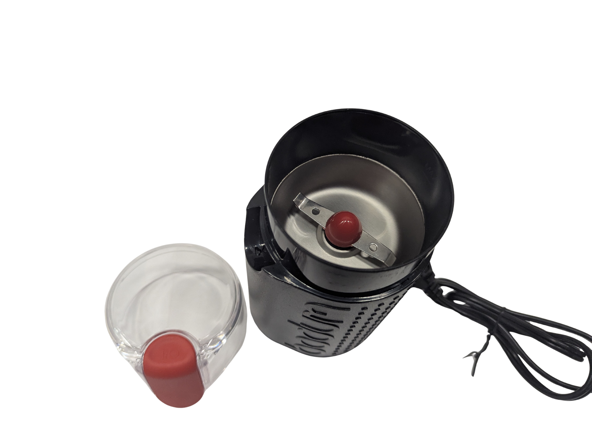 Black electric coffee grinder with clear container on a white background