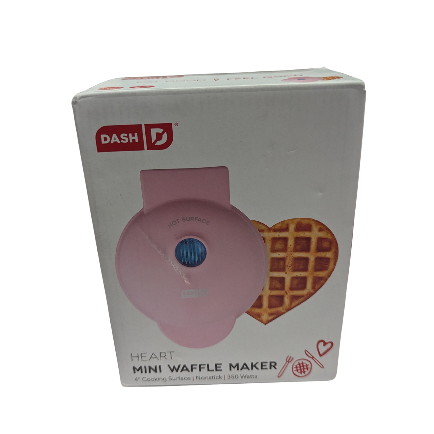 Box of a pink heart-shaped mini waffle maker with 'Dash' branding.