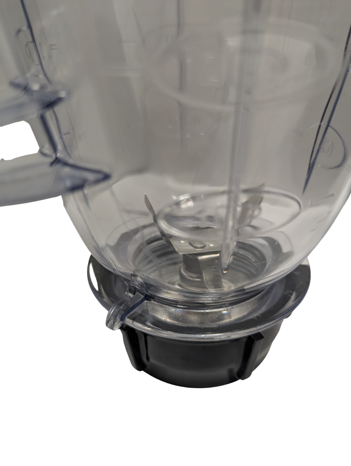 Clear blender container with black base on a white background