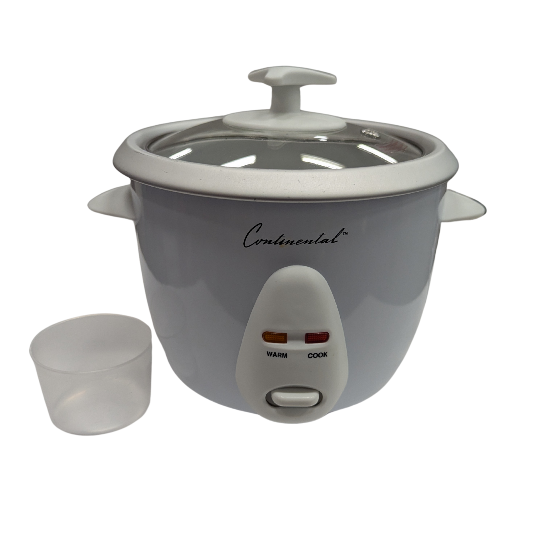 Gray rice cooker with a small white cup on a white background