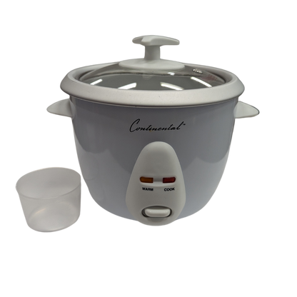 Gray rice cooker with a small white cup on a white background