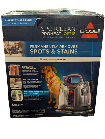 Bissell SpotClean ProHeat Pet carpet and upholstery cleaner packaging with a dog on it.