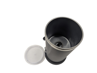 Black metal cup with a white lid on a white background