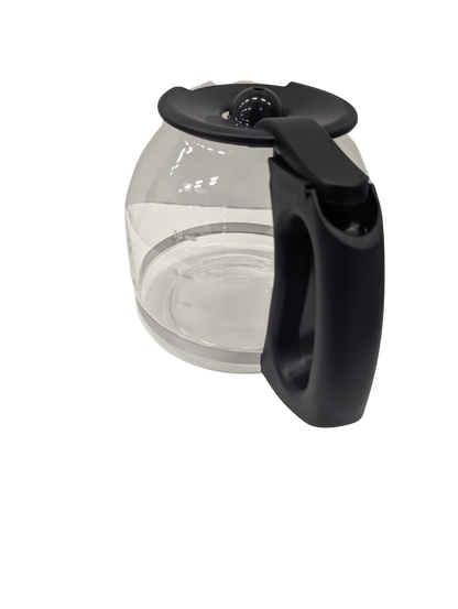 Clear glass teapot with black lid and handle on a white background