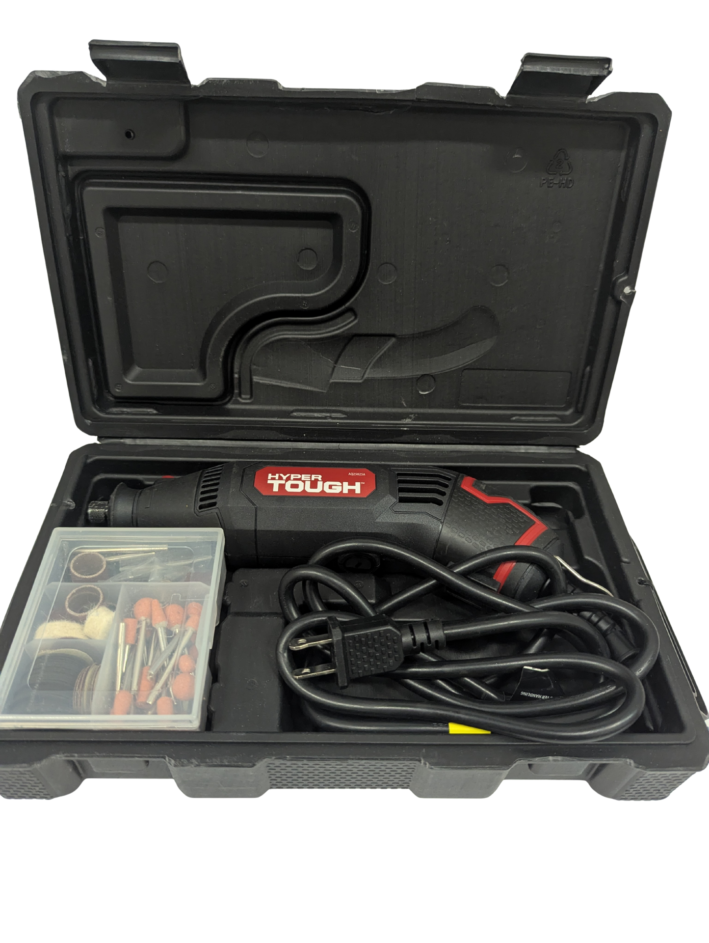 Power drill with accessories in a black carrying case on a white background