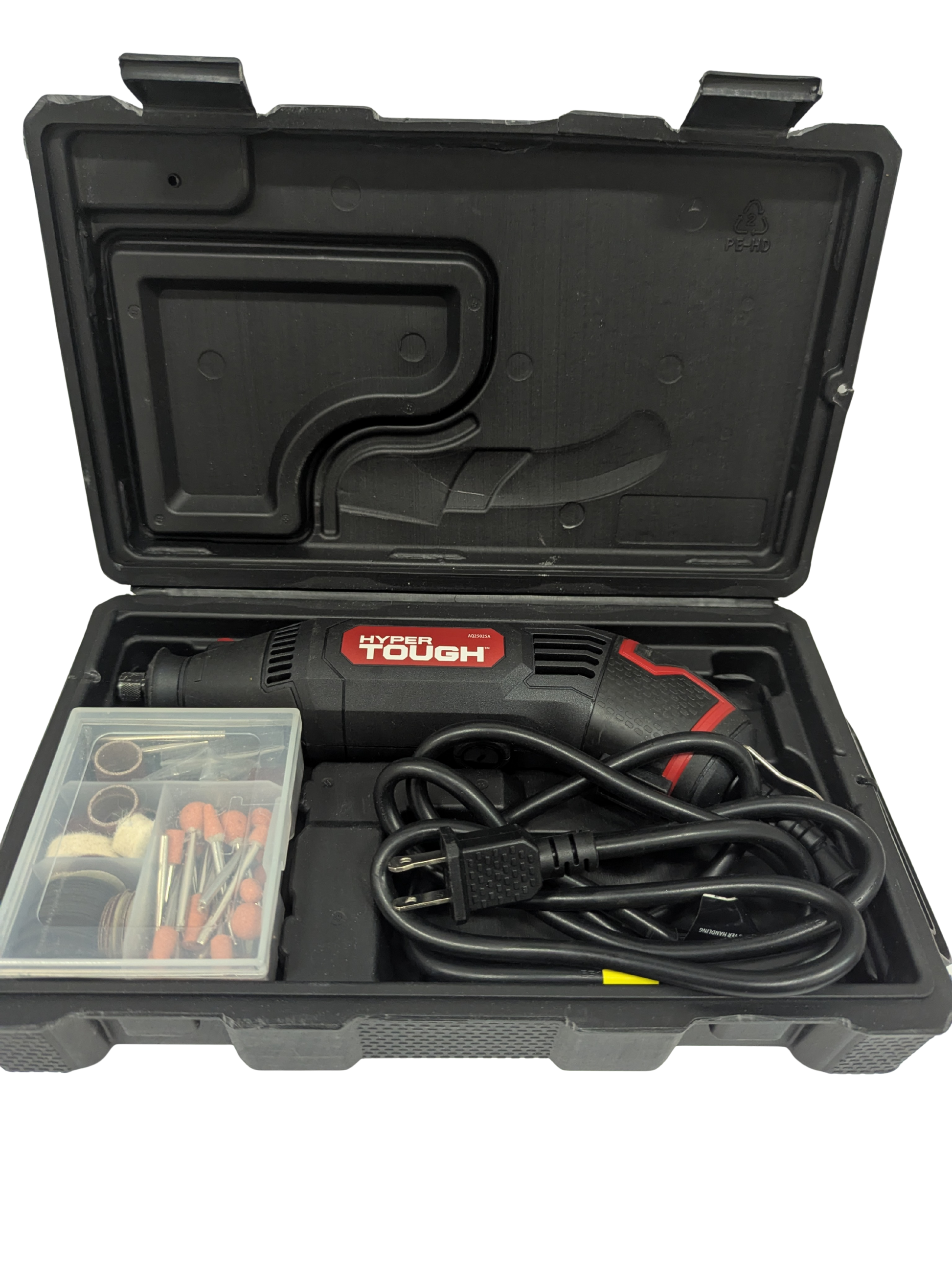 Power drill with accessories in a black carrying case on a white background