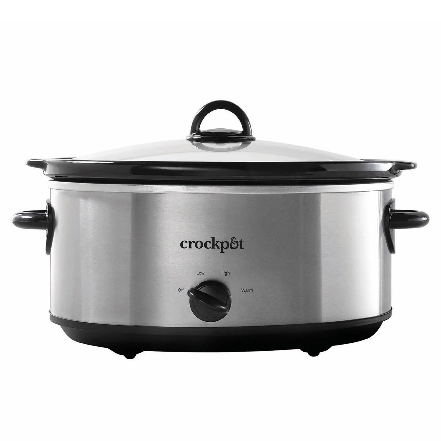 Stainless steel Crockpot on a white background