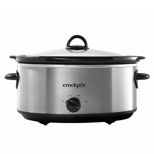 Stainless steel Crockpot on a white background
