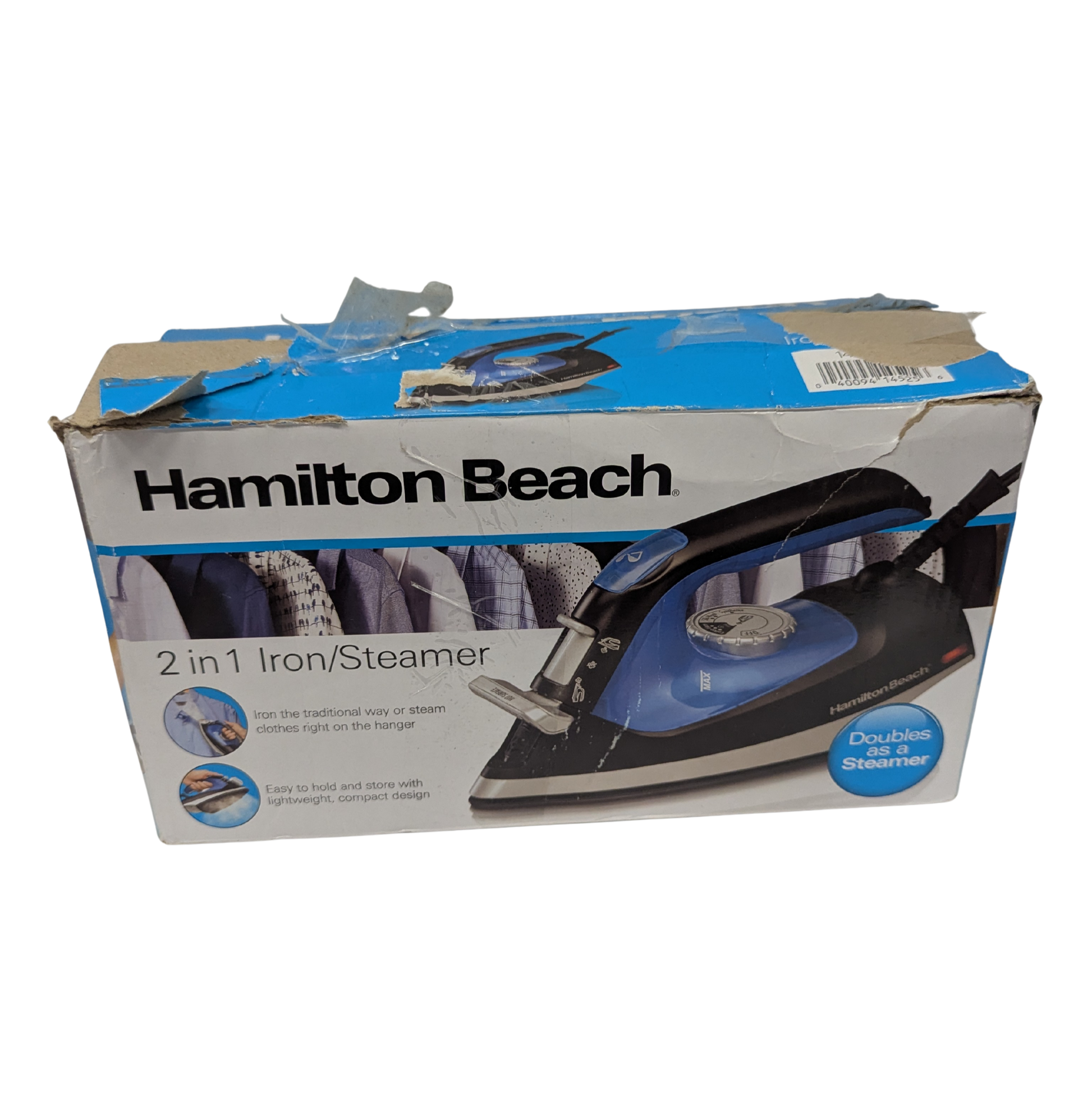 Hamilton Beach 2-in-1 Iron/Steamer packaging on a white background