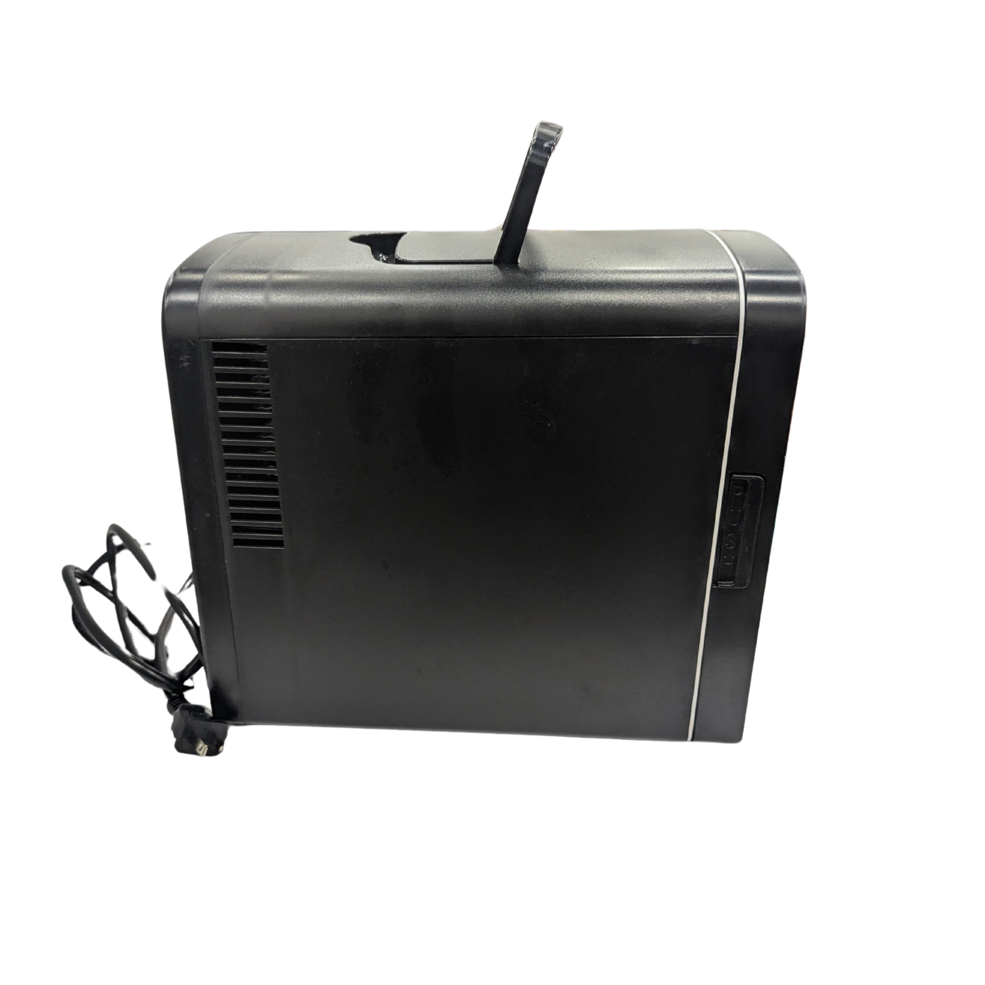 Black electronic device with a power cord on a white background