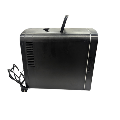 Black electronic device with a power cord on a white background