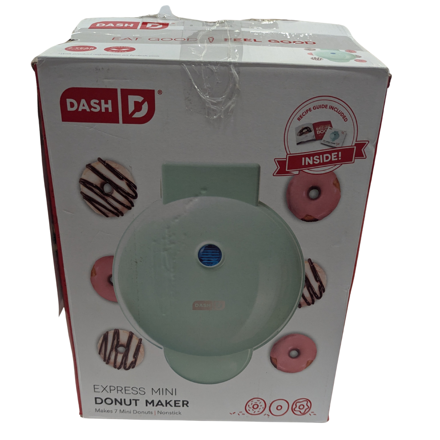 Box of Dash Express Mini Donut Maker with donut illustrations on a white background