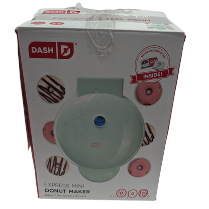 Box of Dash Express Mini Donut Maker with donut illustrations on a white background