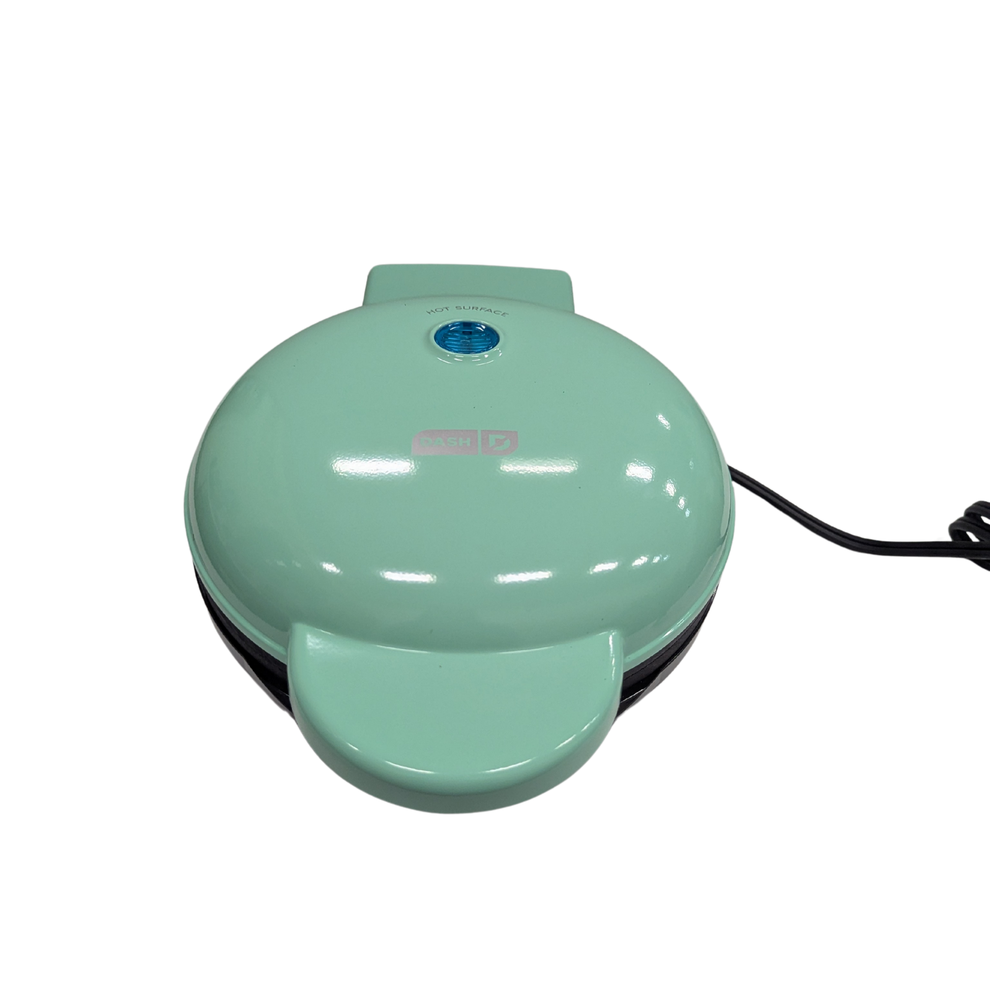Mint green waffle maker on a white background