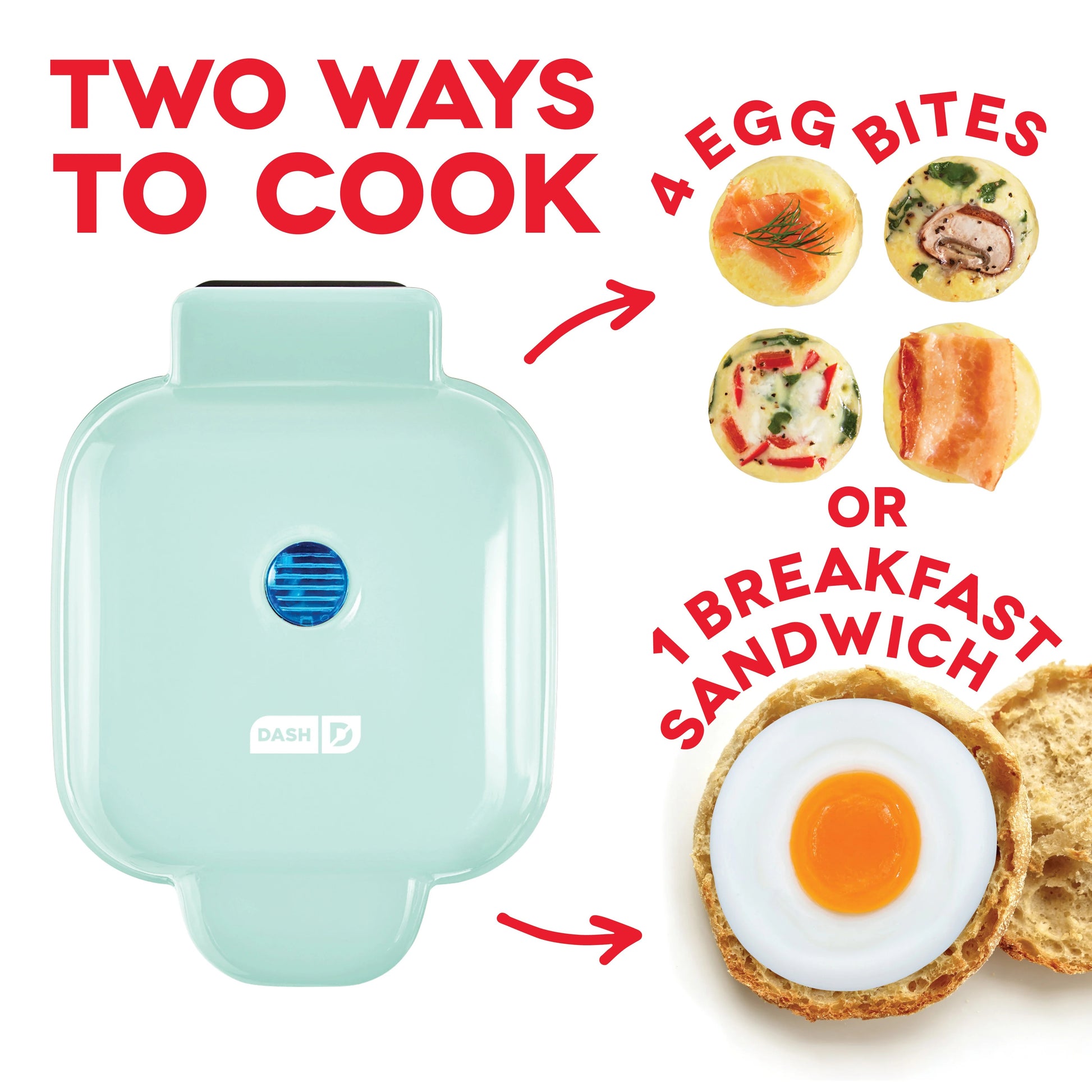 Teal egg cooker with images of egg bites and a breakfast sandwich on a white background