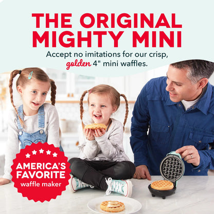 Family with children enjoying waffles made with a waffle maker, featuring text about 'The Original Mighty Mini' waffle maker.