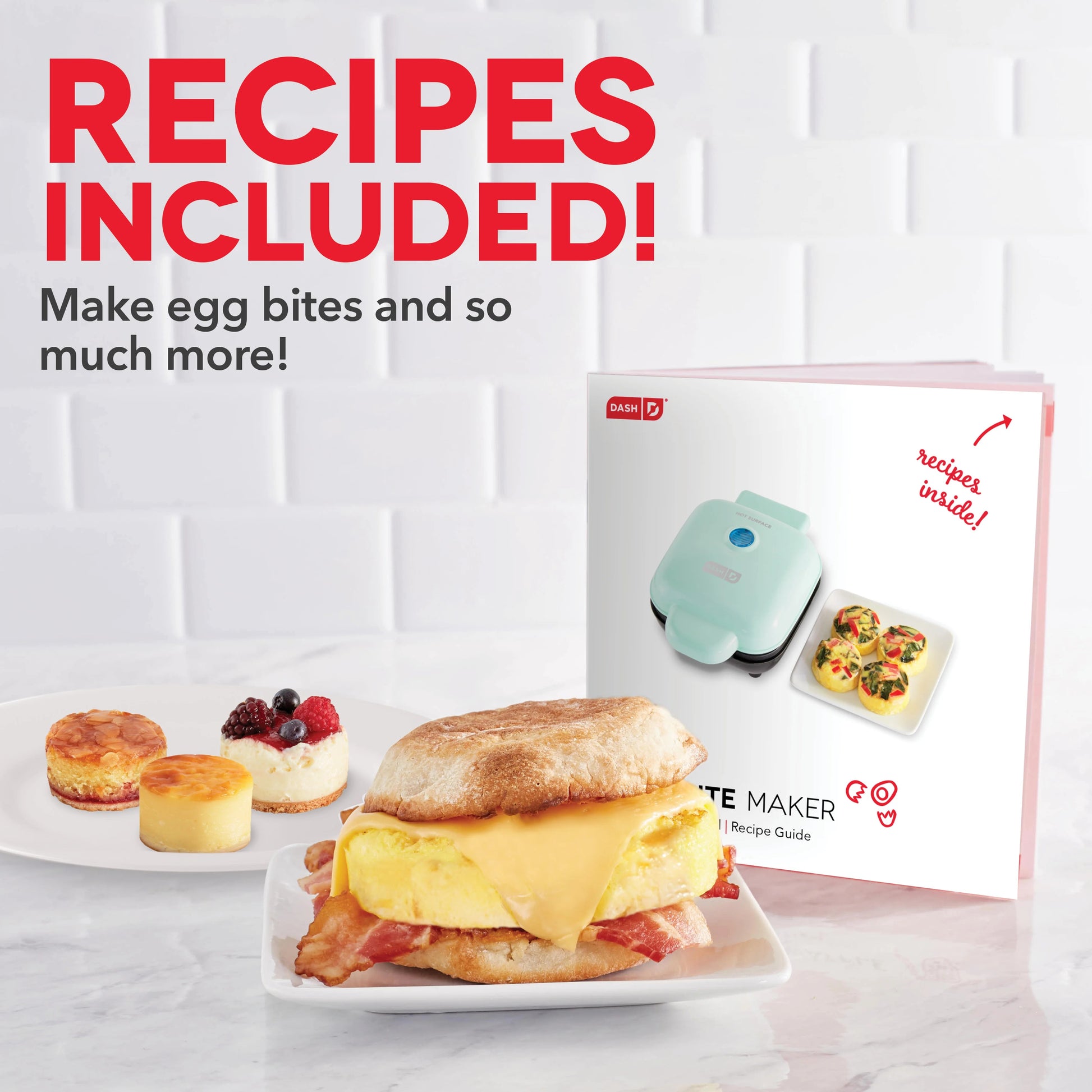 Egg maker with recipe guide and examples of egg bites on a white background