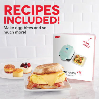 Egg maker with recipe guide and examples of egg bites on a white background