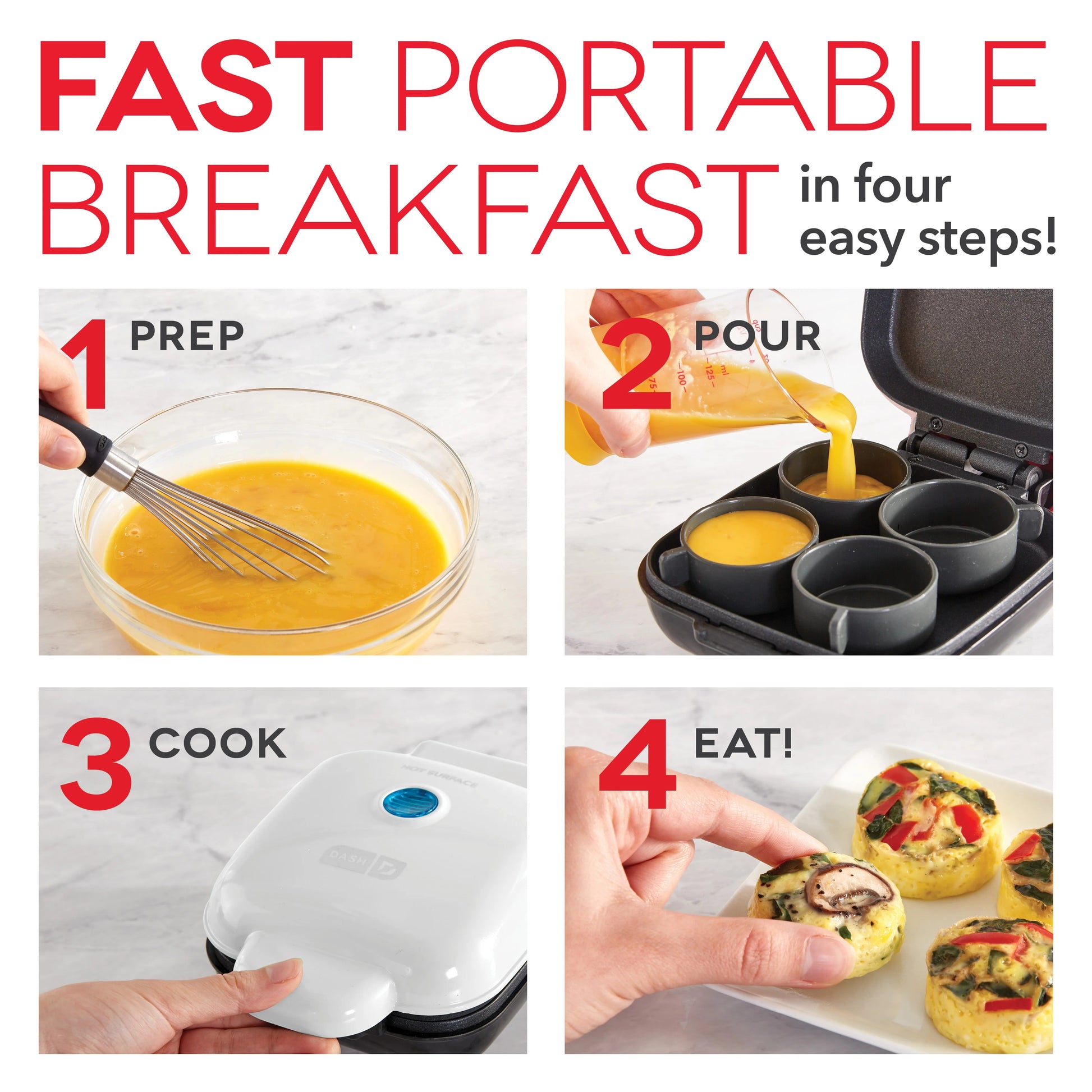 Step-by-step guide to making a fast portable breakfast with images of preparation, pouring, cooking, and serving.