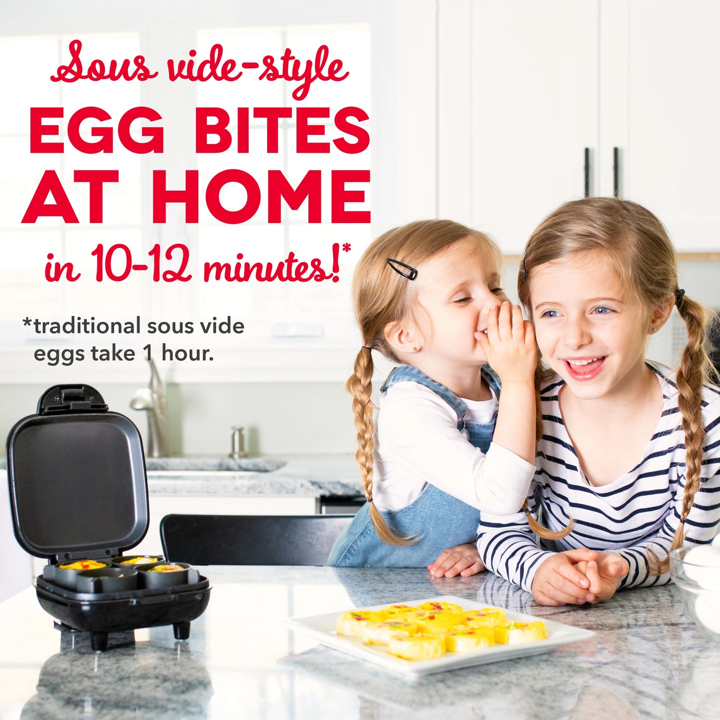 Two children in a kitchen with a sous vide-style egg bites maker and plate of food.