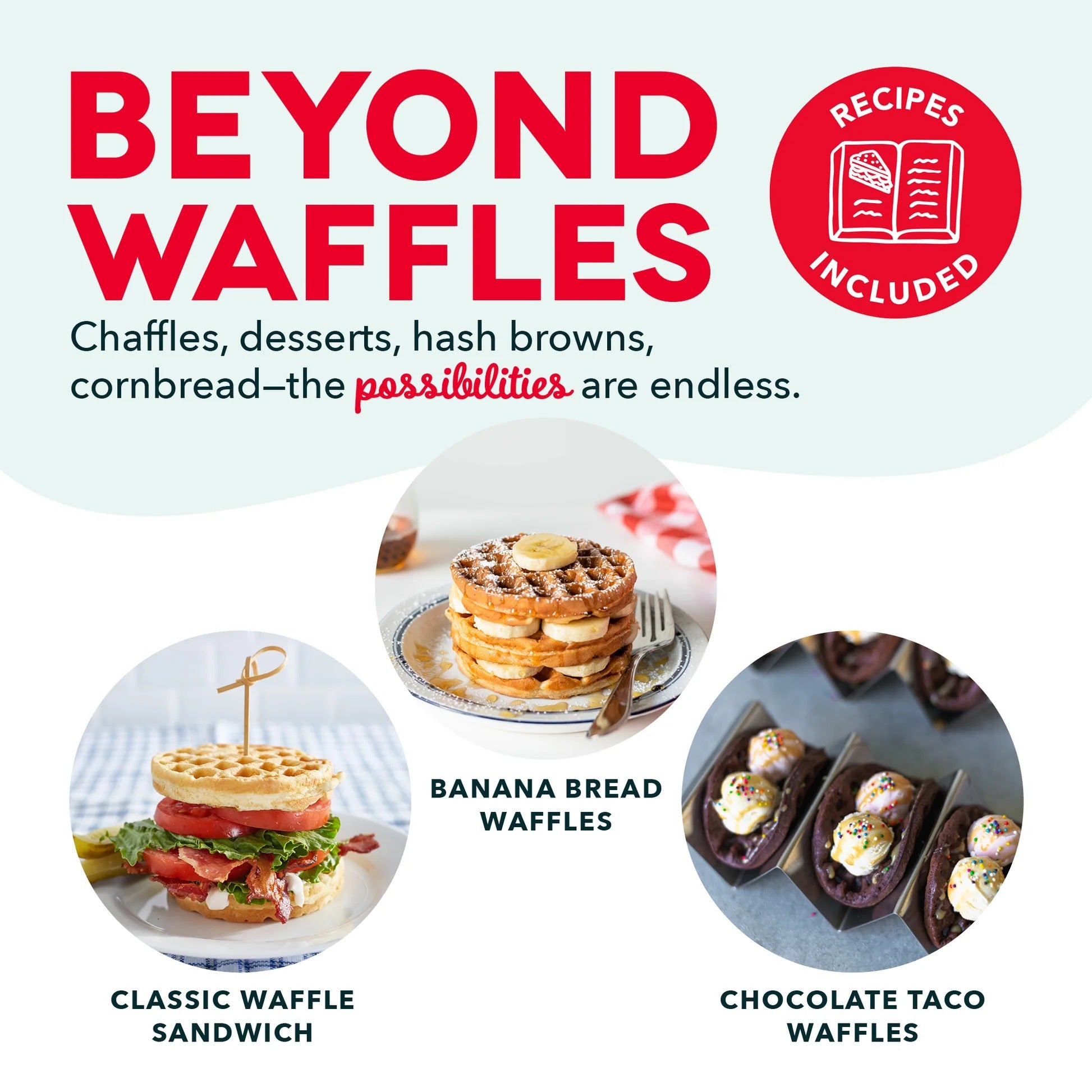 Book cover of 'Beyond Waffles' with images of waffle creations and text about recipes.