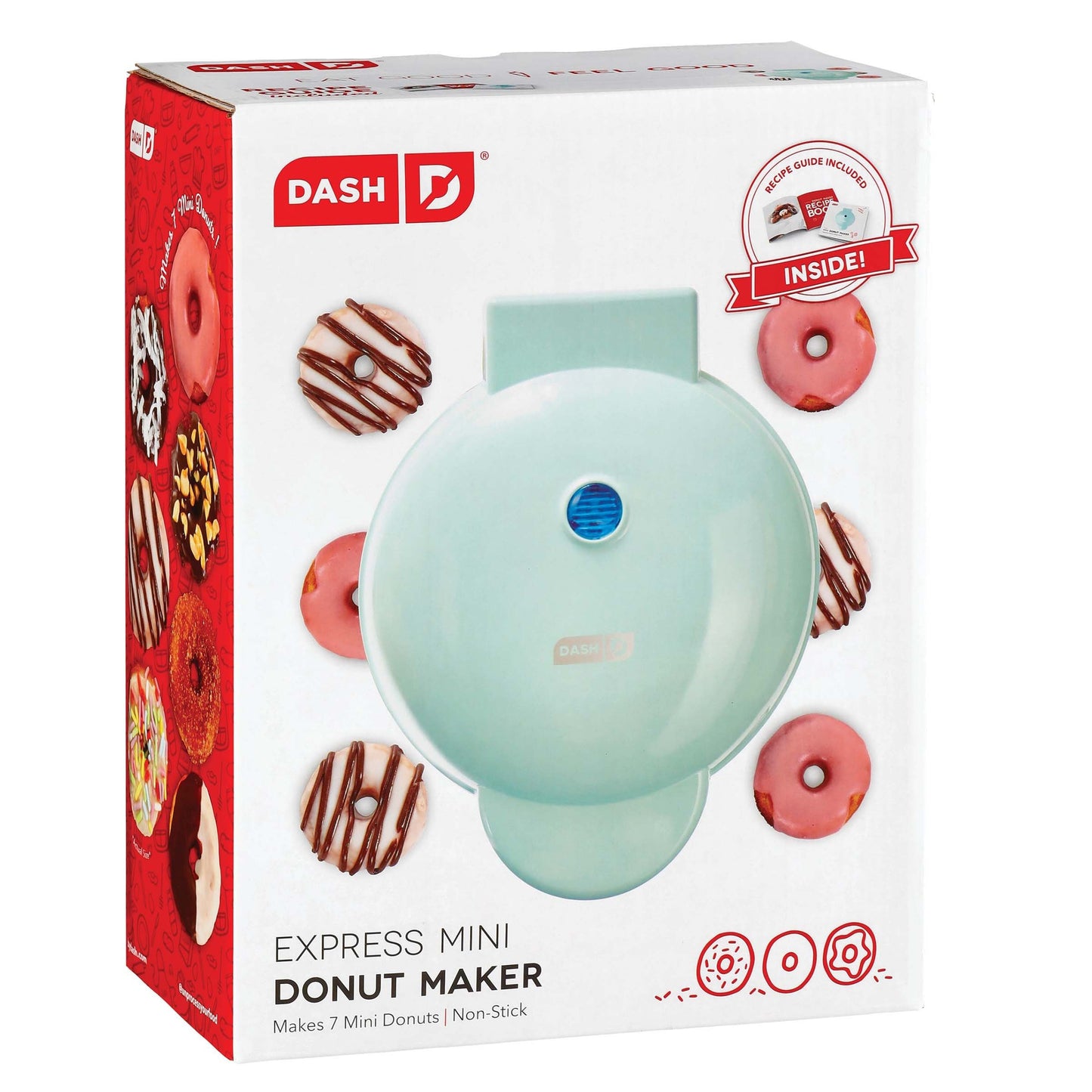 Box of Dash Express Mini Donut Maker with images of donuts on a white background