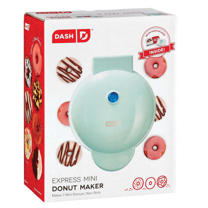 Box of Dash Express Mini Donut Maker with images of donuts on a white background